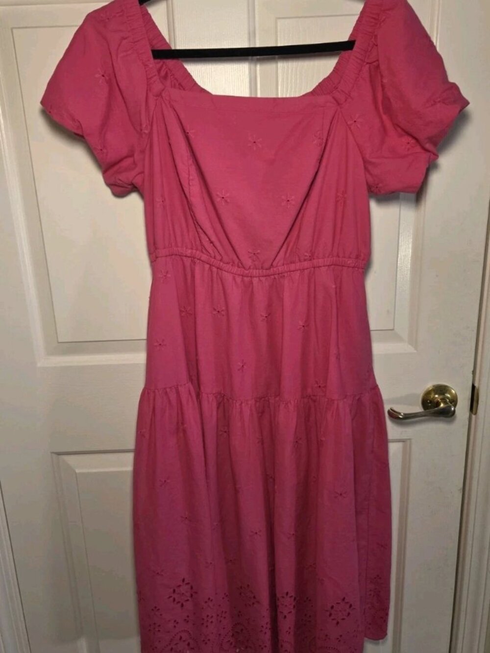 Lane Bryant Pink Eyelet Dress Puff Sleeve Square Neck Cotton Sz 14 Empire Waist